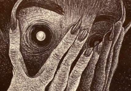 Long-nailed fingers part to reveal a single swirling eye