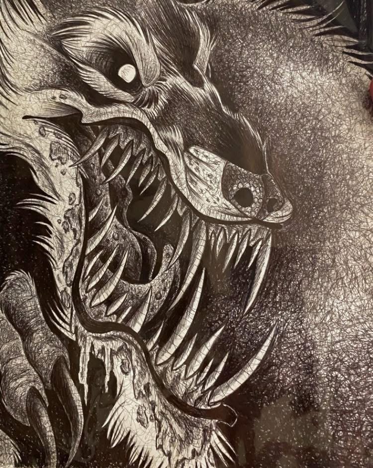 Close-up of a werewolf with white eyes and a jaw full of fangs